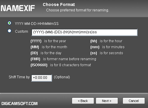 Namexif options to bulk photo rename.